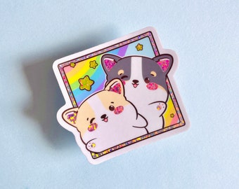 Corgi Friends! Holographic Glitter Glossy Vinyl Sticker | Kawaii Cute Bujo Planner Journal Laptop Decal