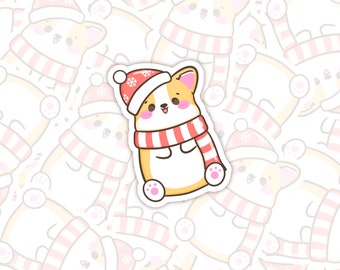 Corgi Red Stripe Scarf Vinyl Sticker | Snow Santa Holiday Winter Xmas Christmas Festive | Kawaii Dog Pet | Planner Journal Laptop Bujo Decal