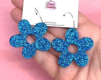 Glitter flower hoop earrings, flower dangles, blue flower dangles, flower hoop earrings,, blue glitter earrings, blue glitter hoops