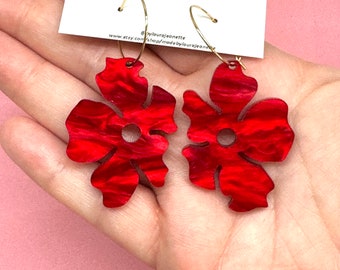 Acrylic abstract flower hoop earrings, flower dangles, red flower dangles, flower hoop earrings,