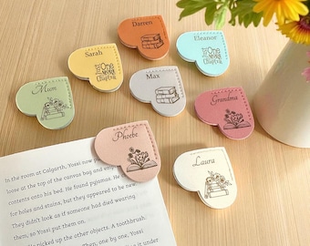 Marque-page coeur en similicuir personnalisé, cadeau gravé au laser, cadeau de fête des mères, cadeau d'anniversaire, cadeau enseignant, signet personnalisé