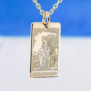 14K Solid Gold Tarot Karte Königin der Münzen Halskette, Die Königin Tarot Karte Halskette, zierliche 14K Gold Pentakel Tarot Karte Weihnachtsgeschenk