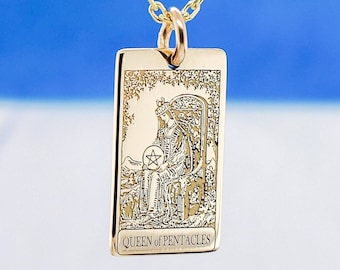 14K Solid Gold Tarot Card Queen of Pentacles Necklace, The Queen Tarot Card Necklace, Dainty 14K Gold Pentacles Tarot Card Christmas gift