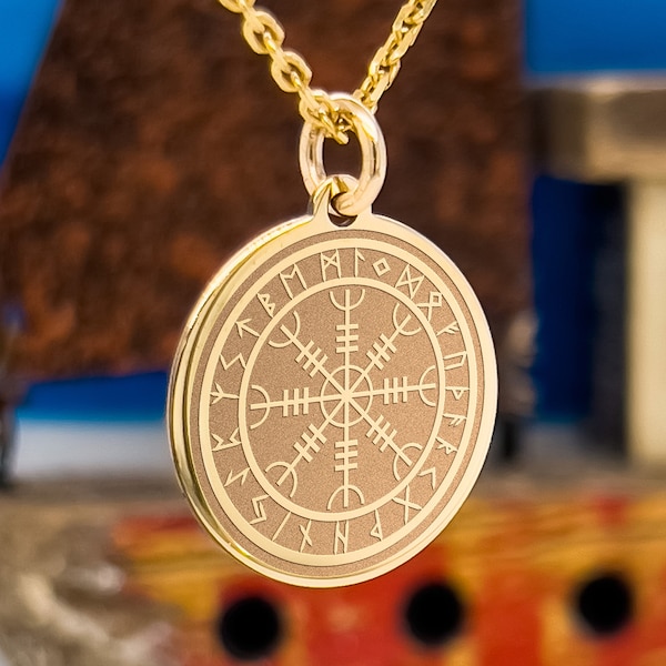 14k Solid Gold Aegishjalmur Necklace, Personalized Aegishjalmur Pendant, Awe Pendant, Helm of Awe, Pagan gift, Viking necklace