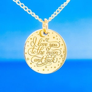 Gold I love you to the moon and back necklace, Gift for her, Gift for him, love tag, Personalized pendant, Christmas gift