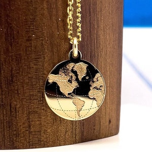 Zierliche 14k Solid Gold Erde Halskette,Valentinstag Geschenk,Weltkarte Halskette,Gold Münze Globus Anhänger,Gold Disc WanderLust Anhänger,Globetrotter