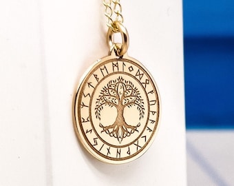 14k Solid Gold Celtic Tree Of Life Yggdrasil Norse Necklace Viking Pendant Handmade Jewelry Pagan Scandinavian Pendant, Meaningful Gift
