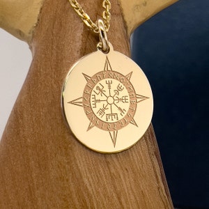 14K solid Gold Vegvisir Compass Necklace, Gold Viking Compass Pendant, Viking Disc Charm, Nordic Jewelry, Pagan Compass Pendant