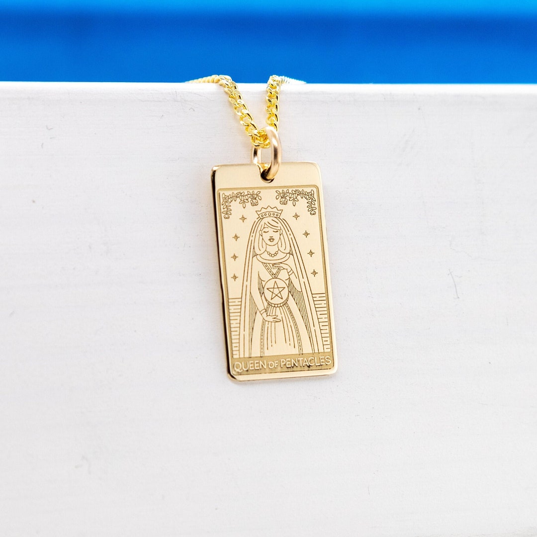 14K Solid Queen of Pentacles Gold Tarot Card Necklace the Etsy