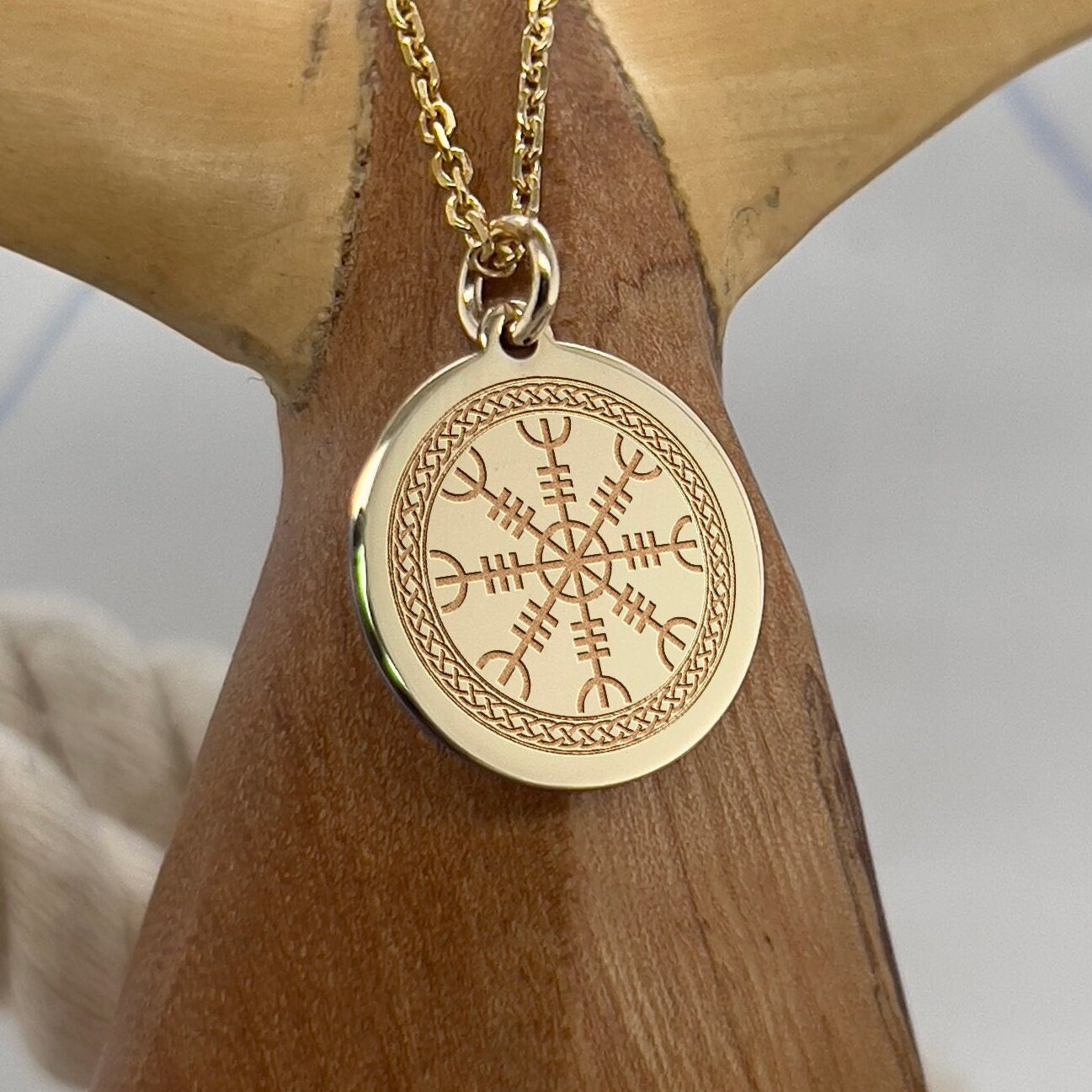 14K Solid Gold Vegvisir Compass Necklace - Nordic Viking Pendant