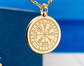 Gold Viking Compass Pendant, Vegvisir Compass Necklace, Gold Pagan Compass Pendant, Viking Disc Charm, Nordic Jewelry, Personalized necklace