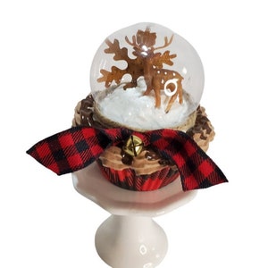 Rustic Christmas Faux Cupcake: Deer Snow Globe Tiered Tray Decor