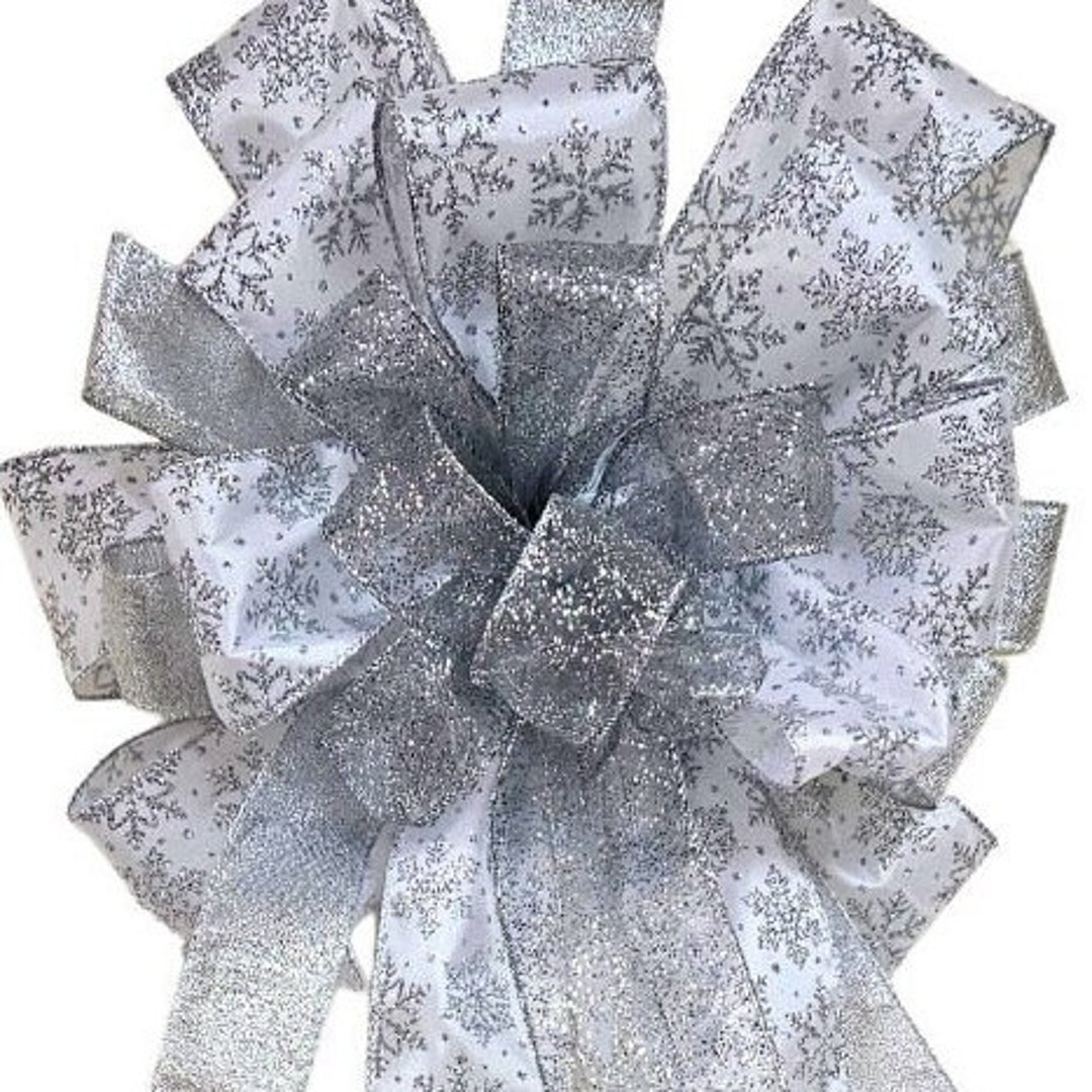 White Christmas Bow, White Holiday Bow, Snowflake Bow, Silver Christmas