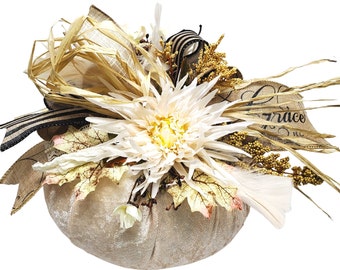 Velvet Pumpkin Fall Centerpiece: Neutral Floral Farmhouse Decor