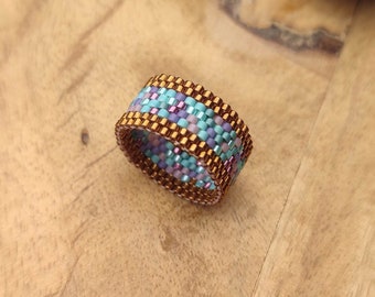 Beaded Wide Ring, Blue Violet Bronze Ring, Miyuki Delica Ring, Bead Woven Band Ring, Peyote Ring, Hypoallergenic Jewelry