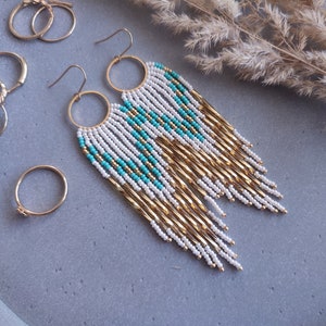 ivory turquoise gold long boho earrings long fringe beaded earrings gift for her handmade handwoven earrings boho style earrings