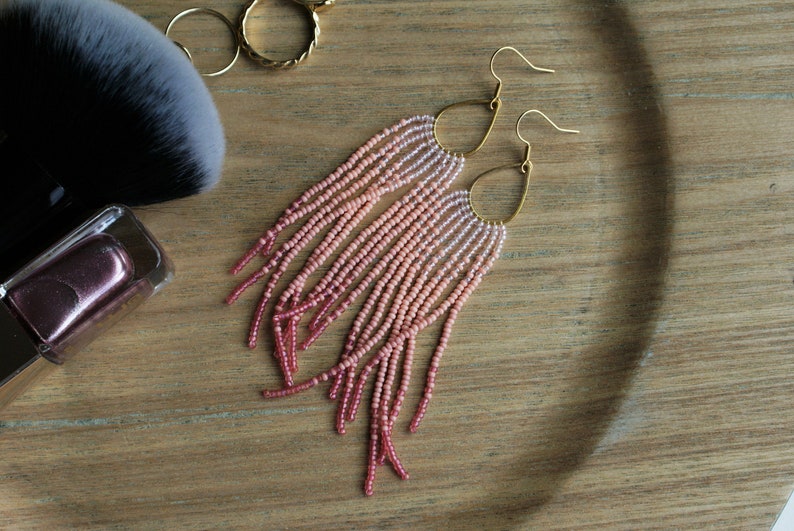 Pink Ombre Long Earrings Long Fringe Beaded Earrings Gift for | Etsy