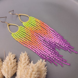 neon rainbow long ombre earrings long fringe beaded earrings gift for her handmade handwoven gradient earrings boho style earrings