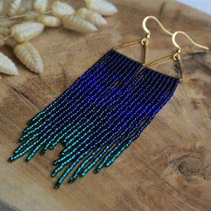 marineblauw en blauwgroen lange Ombre oorbellen lange franje kralen oorbellen cadeau voor haar handgemaakte handgeweven gradiënt oorbellen boho stijl oorbellen