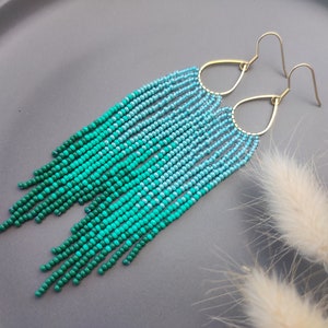 turquoise ombre long earrings long fringe beaded earrings gift for her handmade handwoven gradient earrings boho style earrings