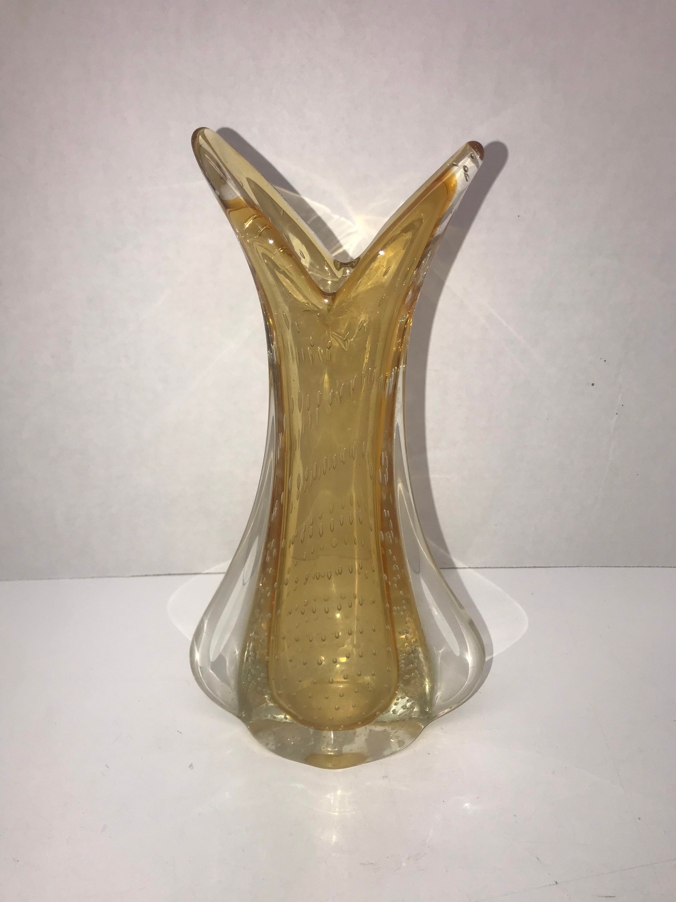 Vintage Murano Style Yellow Controlled Bubble Art Glass Vase Etsy