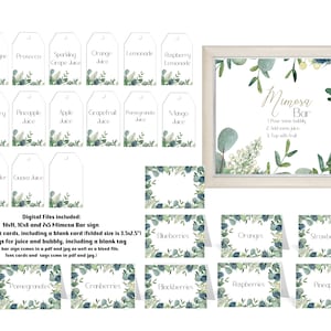 Kit di download digitale per insegna Mimosa Bar, include etichette per succhi, biglietti per tende per addio al nubilato, baby shower, matrimonio o Pasqua, floreale verde salvia