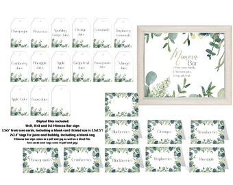 Mimosa Bar Sign Digital Download Kit, Includes Juice Tags, Tent Cards for a Bridal Shower, Baby Shower, Wedding or Easter, Sage Green Floral