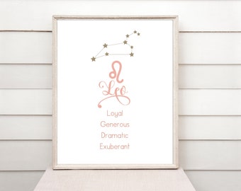 Descarga digital Leo Zodiac, regalo de astrología Leo, signo del zodíaco, rasgos Leo, imprimible, 2 tamaños, jpg y pdf, descarga instantánea, decoración de oficina