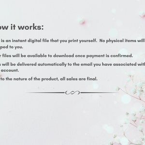 May include: A pink background with white floral accents and text that reads "How it works:" followed by details about instant digital files, download, and Etsy account delivery. The text also states that all sales are final.