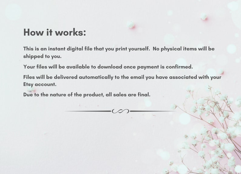 May include: A pink background with white floral accents and text that reads "How it works:" followed by details about instant digital files, download, and Etsy account delivery. The text also states that all sales are final.