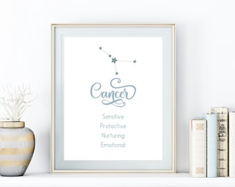 Descarga digital de astrología de cáncer, regalo del zodíaco de cáncer, signo imprimible, rasgos de cáncer, 2 tamaños, jpg y pdf, descarga instantánea, decoración de oficina