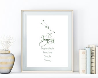 Taurus digital download, Taurus astrology gift, zodiac sign, Taurus traits, printable, 2 sizes, jpg & pdf, instant download, office decor