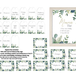 Kit di download digitale per insegna Mimosa Bar, include etichette per succhi, biglietti per tende per addio al nubilato, baby shower, matrimonio o Pasqua, floreale verde salvia