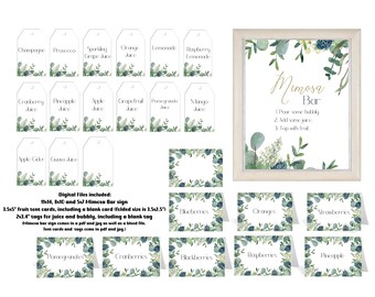 Mimosa Bar Sign Digital Download Kit, Includes Juice Tags, Tent Cards for a Bridal Shower, Baby Shower, Wedding or Easter, Sage Green Floral