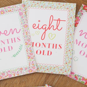 May include: Three white cards with floral borders and pink text. The cards say "seven months old", "eight months old", and "nine months old".