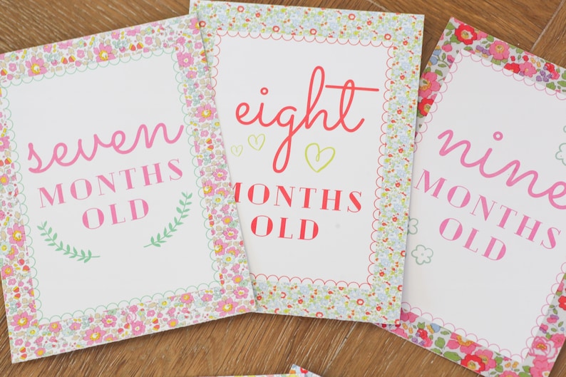 May include: Three white cards with floral borders and pink text. The cards say "seven months old", "eight months old", and "nine months old".