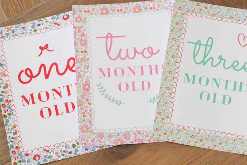 May include: Three white cards with floral borders and scalloped edges. The cards are labeled "one month old", "two months old", and "three months old" in pink, red, and green lettering.