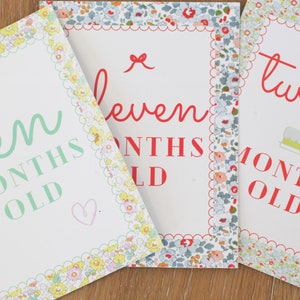 May include: Three white cards with floral borders and red text. The cards say "ten months old", "eleven months old", and "twelve months old".
