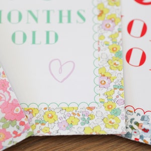 May include: Three white cards with scalloped edges and floral patterned borders. The cards have the text "6 months old", "12 months old", and "24 months old" printed in green, red, and red respectively.
