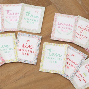 May include: Twelve floral patterned cards with numbers one through twelve, each card reads "[number] months old".