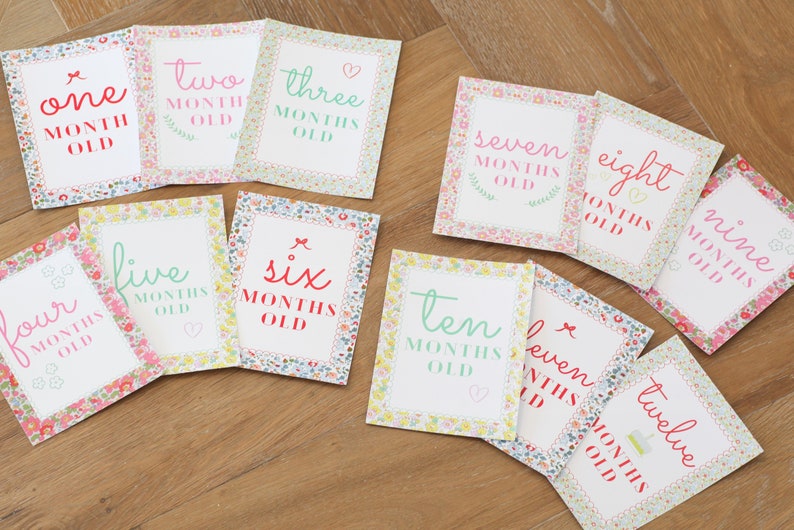 May include: Twelve floral patterned cards with numbers one through twelve, each card reads "[number] months old".