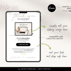 May include: A digital download Canva template for a thank you card. The template features a simple design with a place to add a listing image, a link, and shop information. The text on the template reads "Thank you for your purchase!" and "Click the button below to access your files."