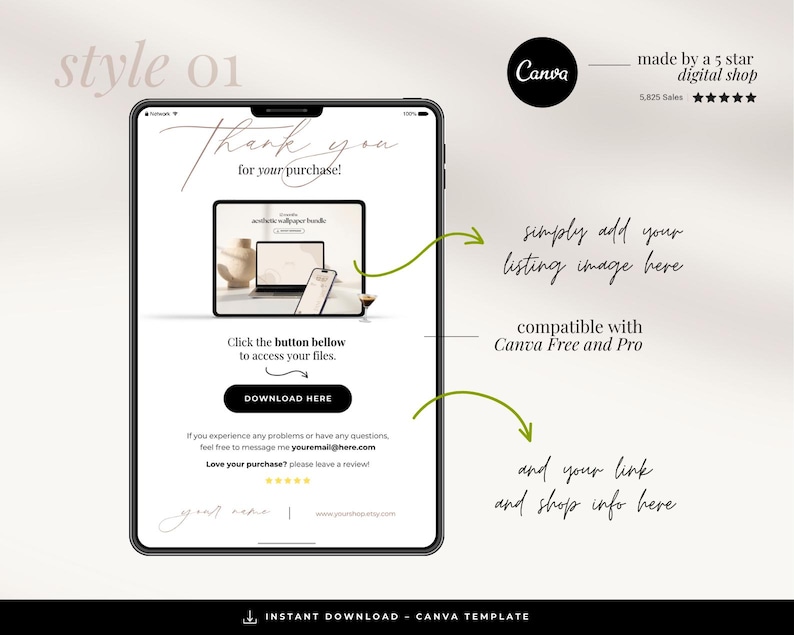 May include: A digital download Canva template for a thank you card. The template features a simple design with a place to add a listing image, a link, and shop information. The text on the template reads "Thank you for your purchase!" and "Click the button below to access your files."