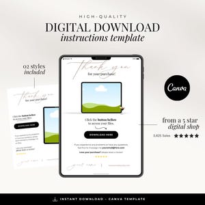 May include: A digital download instructions template for Etsy sellers. The template features a green and blue landscape design with the text "Thank you for your purchase!" and a button that says "Download Here".