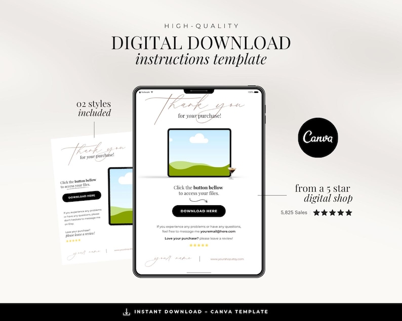 May include: A digital download instructions template for Etsy sellers. The template features a green and blue landscape design with the text "Thank you for your purchase!" and a button that says "Download Here".