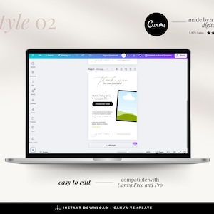 May include: A laptop screen displaying a Canva template for a thank you card. The template features a simple design with a green hill and a cloud against a blue sky. The text on the screen reads "Thank you for your purchase!" and "Click the button below to access your files."