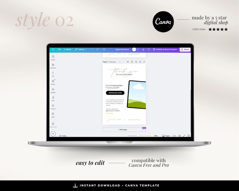 May include: A laptop screen displaying a Canva template for a thank you card. The template features a simple design with a green hill and a cloud against a blue sky. The text on the screen reads "Thank you for your purchase!" and "Click the button below to access your files."