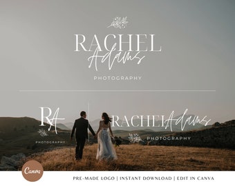 May include: A pre-made logo design for a photography business. The logo features the name "Rachel Adams Photography" in a white, sans-serif font with a handwritten script font for the last name. The logo is displayed on a white background with a floral design element.