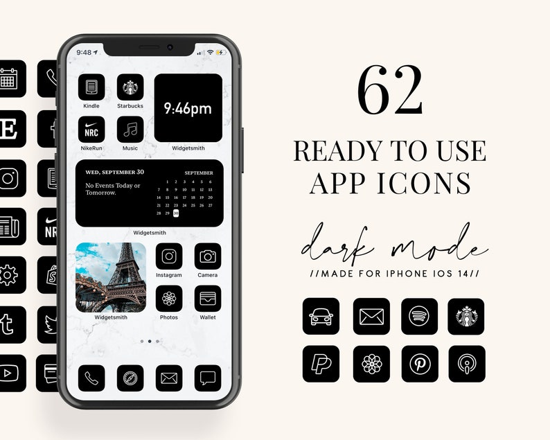 IOS15 App Icons iOS14 App Icons iPhone App Icons pack, iPhone Home Screen Icons, Black Aesthetic, ios14 App Icon Covers, App icons Pack image 2