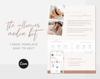 1 Page Media Kit Template Canva | Influencer Media Kit, Media Kit Template, Media Kit Canva Template, Media Press Kit, Instagram Media Kit